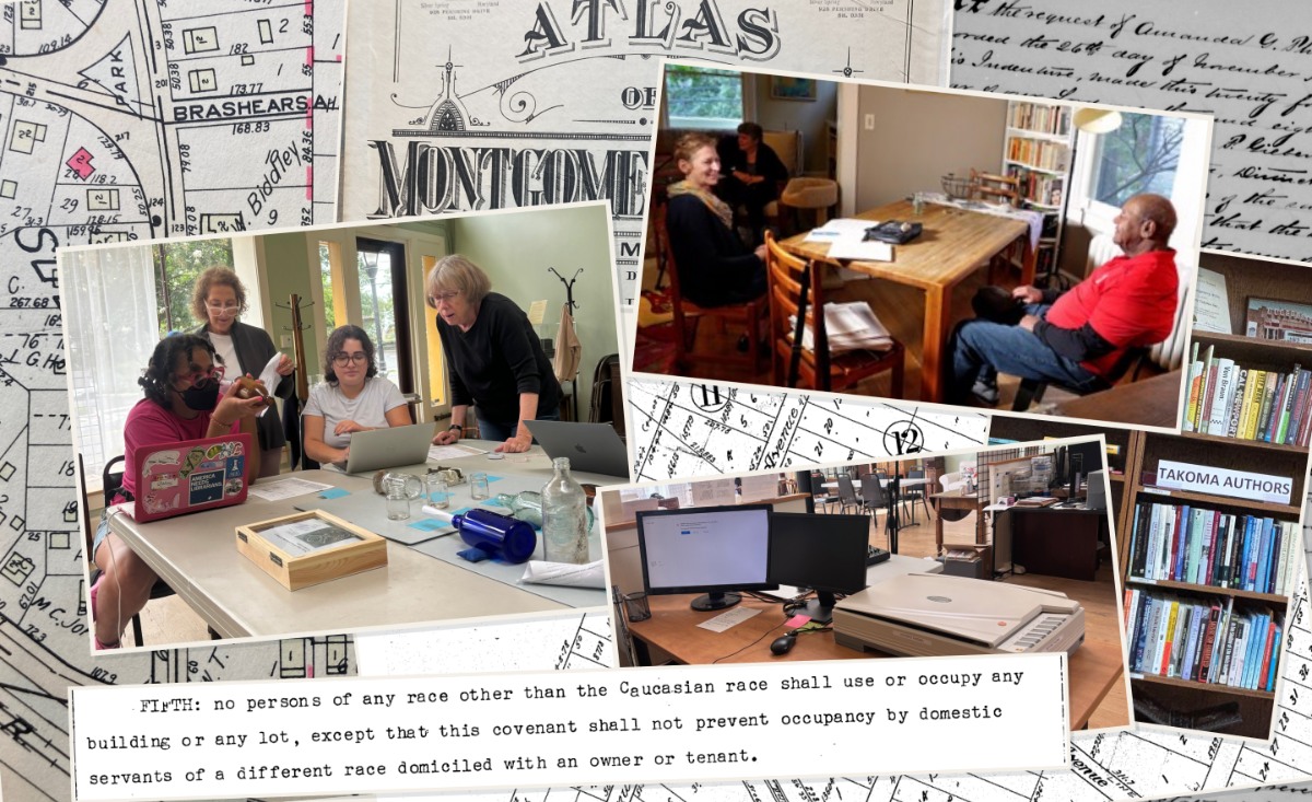 Overlapping collage of cataloging, oral history, digitization, local authors, maps and archival documents.